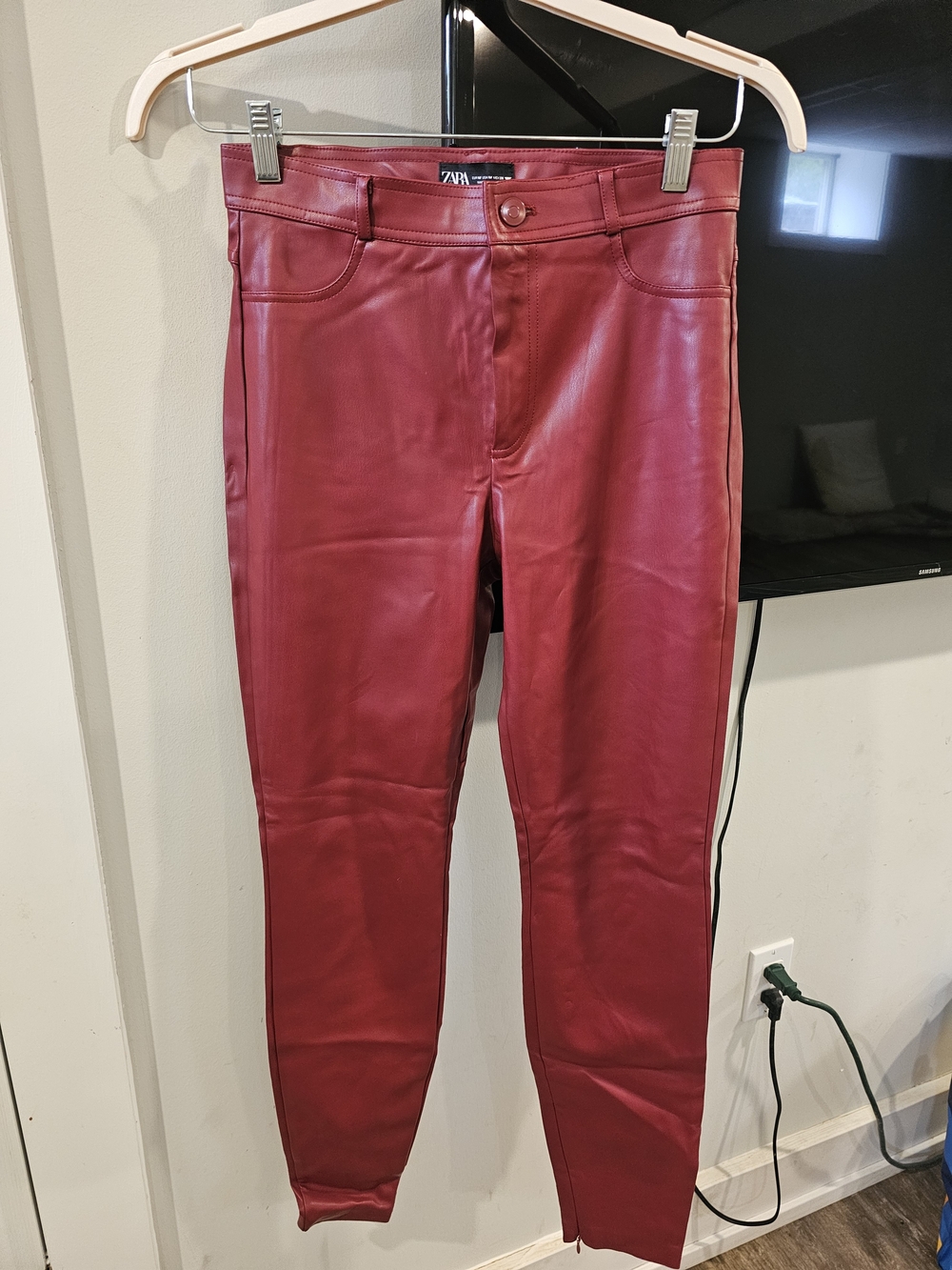 ZARA Red Faux Leather Skinny Jeans